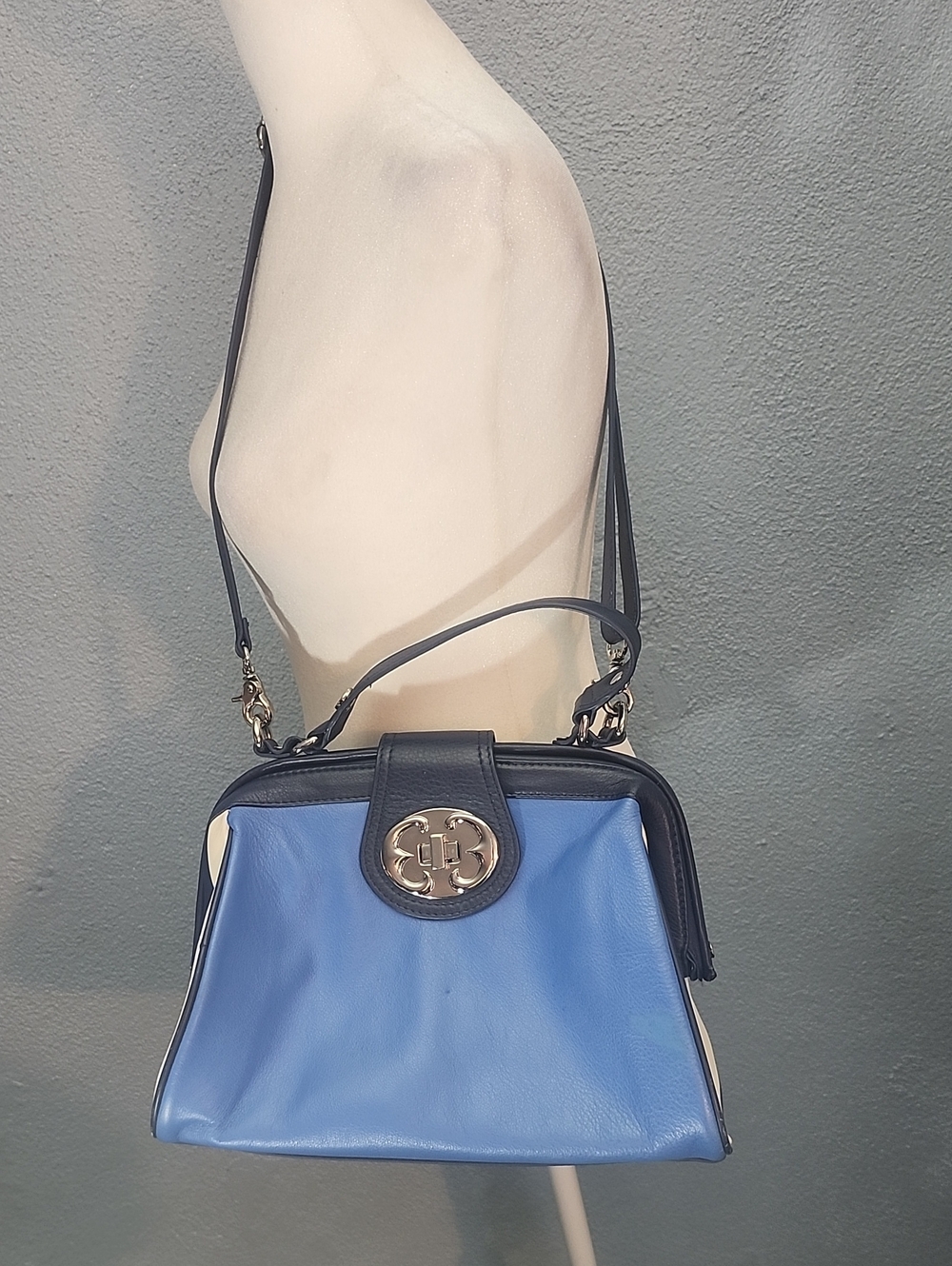 Emma Fox Blue and Black Leather Shoulder Bag with Gold-Tone Hardware